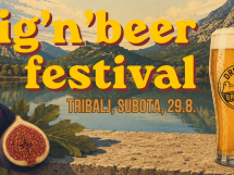 Poster for Fig'n'beer festival with golden text over a mountain lake backdrop, featuring figs on the left and a beer glass on the right.